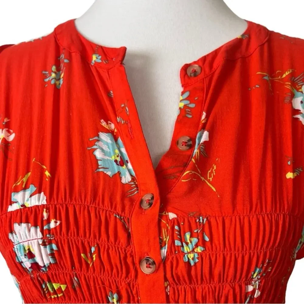 Free People Dress Smocked Waist Button Front Red Floral Women’s Size Medium